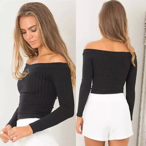Women’s Black Off Shoulder Long Sleeve Crop Top - Picture 3 of 8
